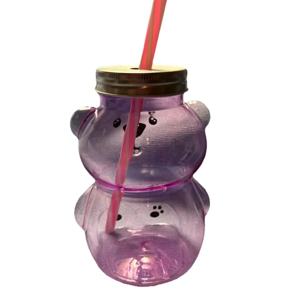 pack of 9 plastic pink clear bear-shaped cups w lids & straws party favor